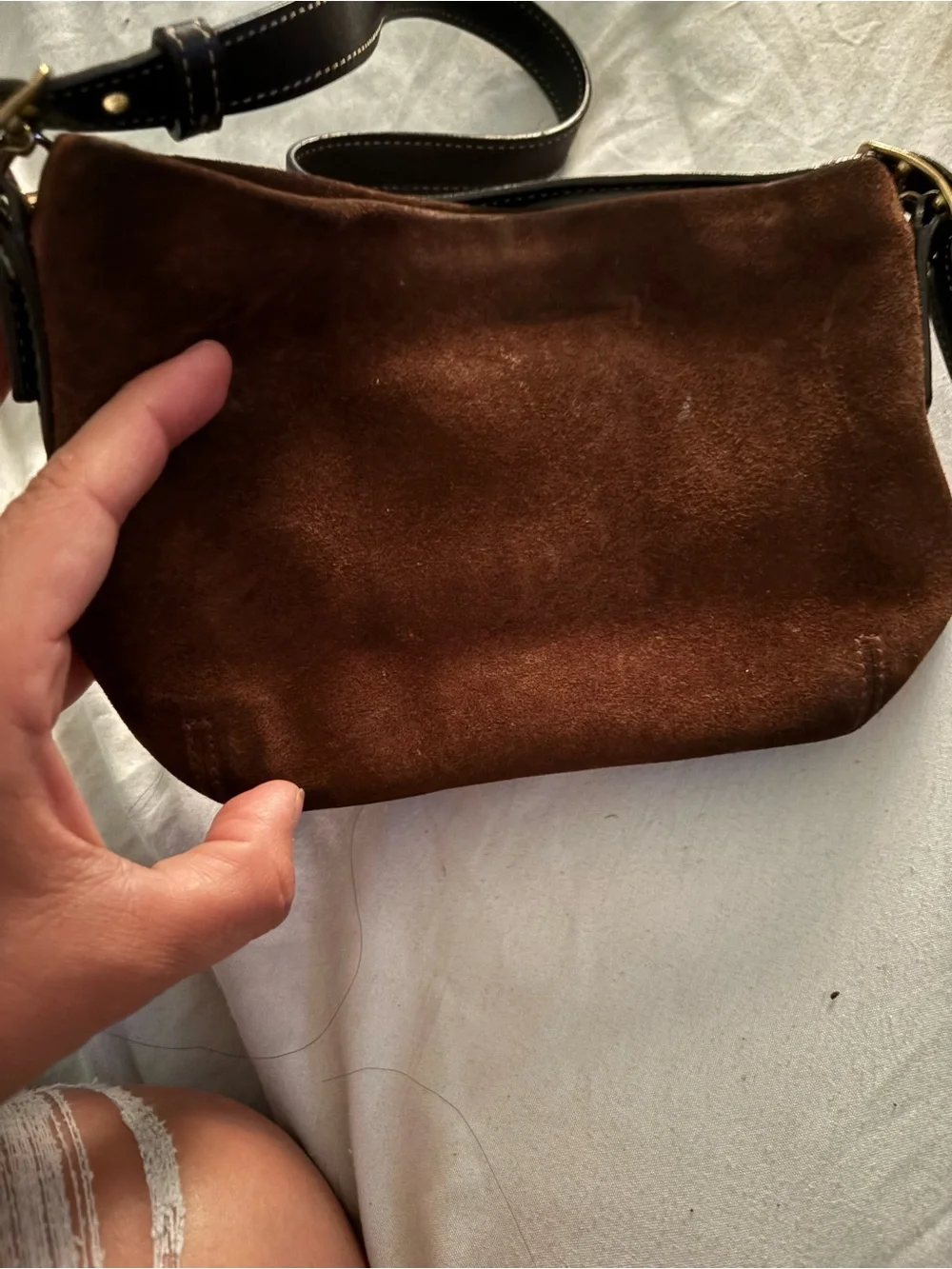 Coach Brown Suede Crossbody with Leather Strap and Gold Tag